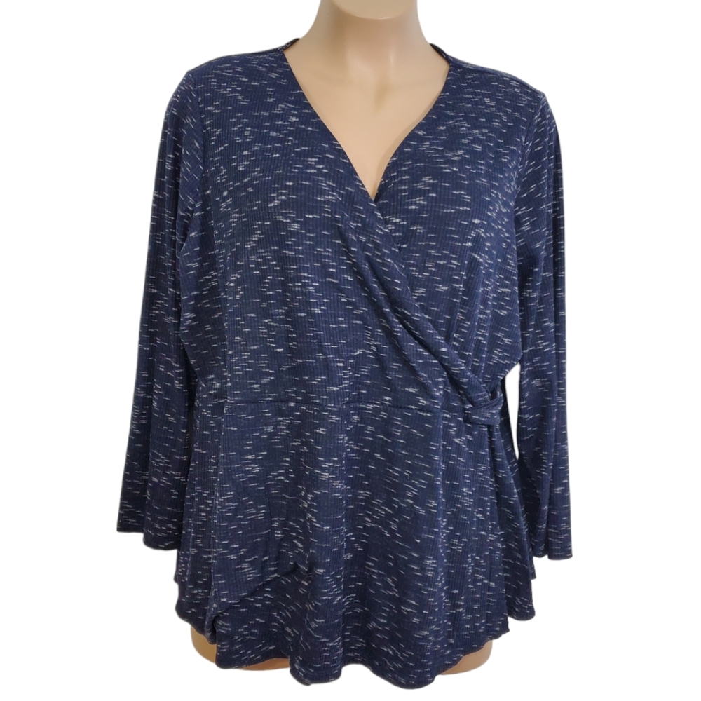 Lane Bryant Navy Blue Marled Faux Wrap Ribbed Knit Top Size 26/28 ~ Pre-Owned